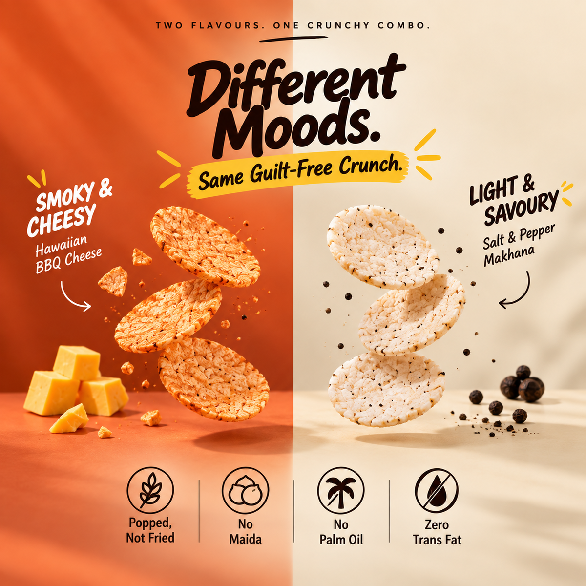 Popped Chips Combo – Makhana Salt & Pepper + Chickpeas Hawaiian BBQ Cheese